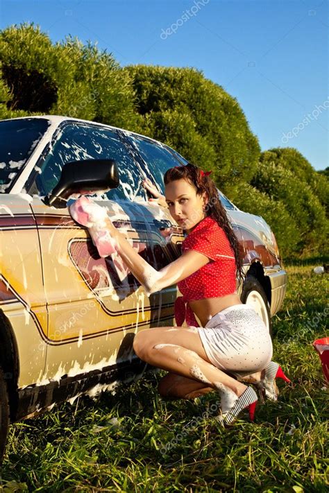 Attractive Pinup Girl Washing A Car At Summer Stock Photo Wisky