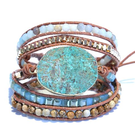 Leather Beaded Wrap Bracelet For Women Amazon Ocean Gilded Stone Charm