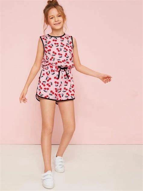 Girls Cherry Contrast Binding Dolphin Hem Romper In 2020 Jumpsuits For Girls Girl Outfits