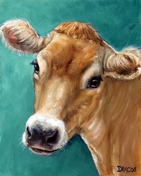 Jersey Cow Tan On Teal Painting By Dottie Dracos