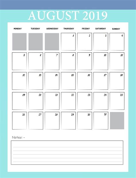 Blank August Calendar 2019 Printable Template With Notes With Images