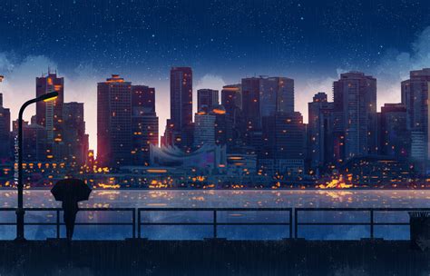 1400x900 Anime City Lights Night Rain Umbrella Sky 5k Wallpaper