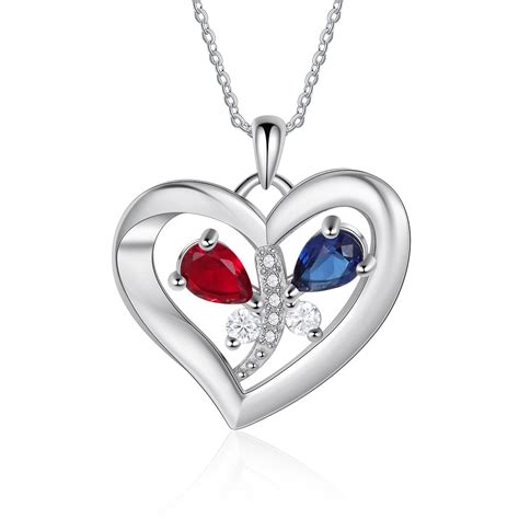 Personalized Heart Necklace With Birthstones Engraved Names Gift For