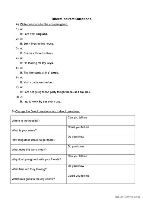 Indirect Questions English Esl Worksheets Pdf And Doc