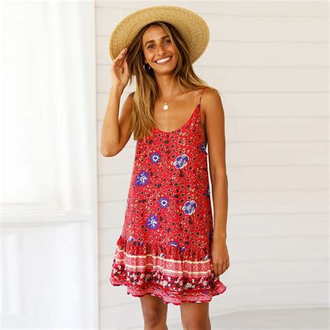Women Mini Dresses Casual Travel Beach Boho Summer Aline Spaghetti Strap Floral Backless Print
