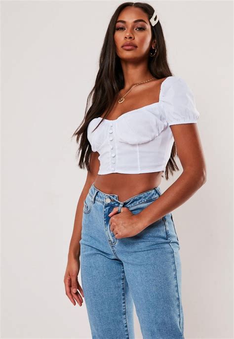 White Button Front Milkmaid Crop Top Missguided Tops Crop Tops