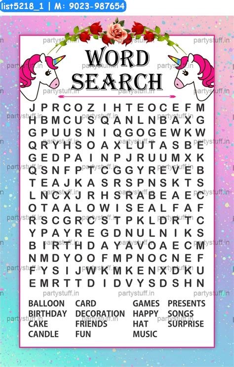 Unicorn Word Search Paper Games In Unicorn Theme
