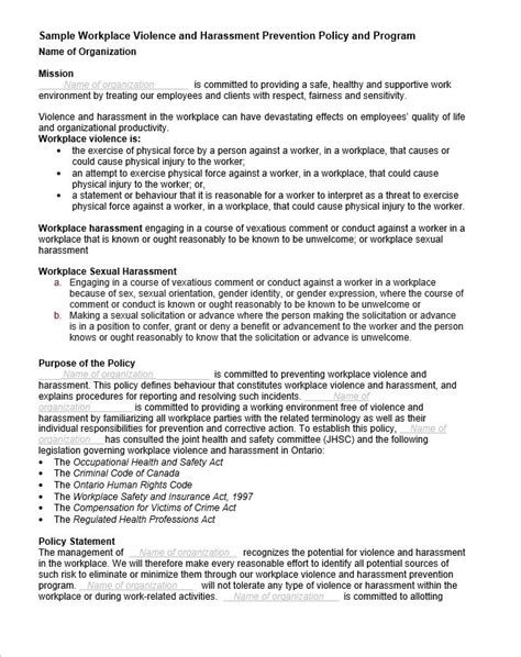 Workplace Violence Prevention Plan Template