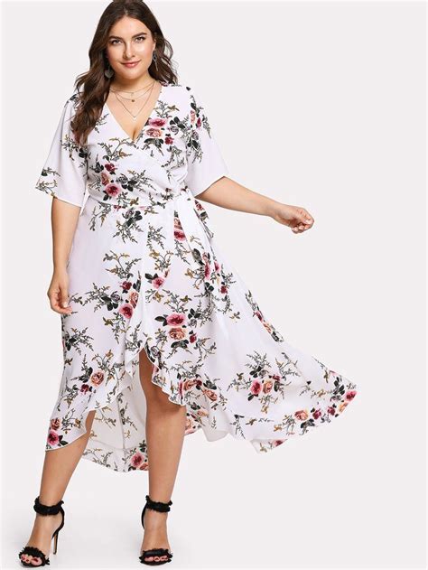 Asymmetric Ruffle Hem Botanical Wrap Dress Floral Plus Size Dresses