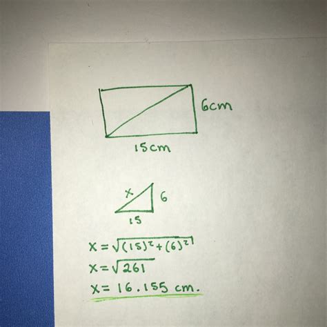 halla la diagonal de un rectangulo sabiendo que sus lados miden 6 cm y