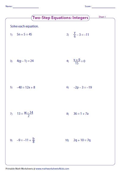 Math Algebra 1 2 Step Equations Worksheets