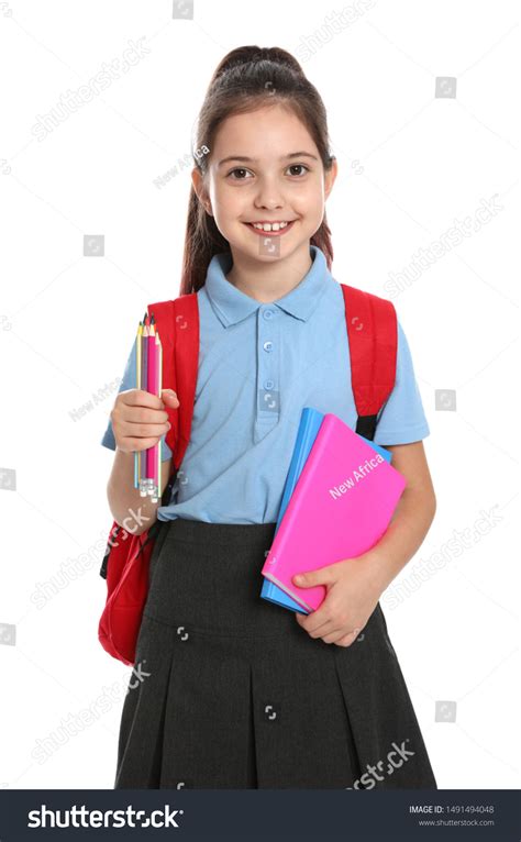 Cute Little Girl School Uniform Backpack Stock Photo 1491494048