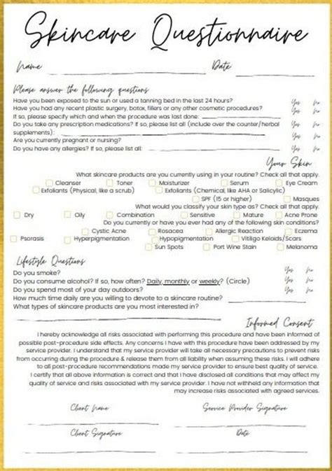 Skincare Consultation Form For Spas Salons Massage And Other Personal