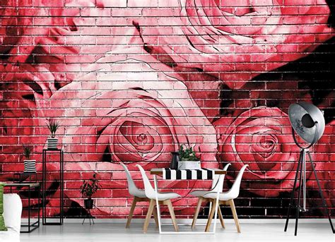 Wallpaper Mural Painted Roses On A Brick Wall Muralunique