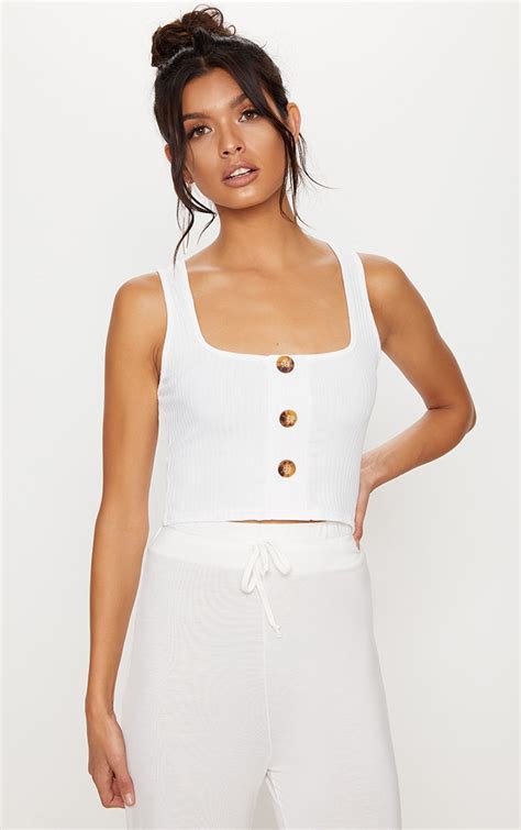 White Ribbed Button Detail Crop Top Tops Prettylittlething Ie