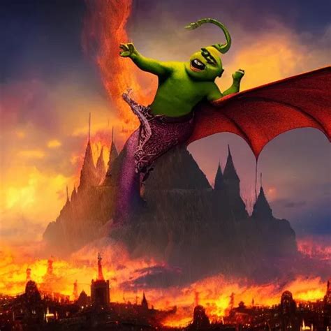 Shrek Riding A Fire Breathing Dragon Over A City In Stable Diffusion