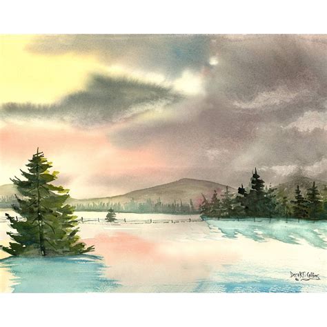 Snow Painting Watercolor Landscape Print Winter Snow At Sunset Pine