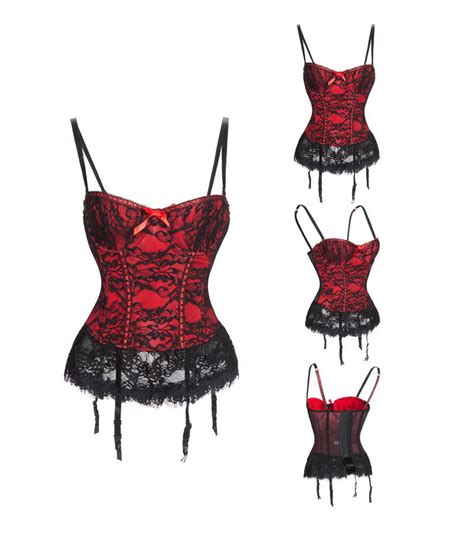 Vocole Women Sexy Lingerie Black And Red Victorian Lace Bustier Corset With Suspender G String