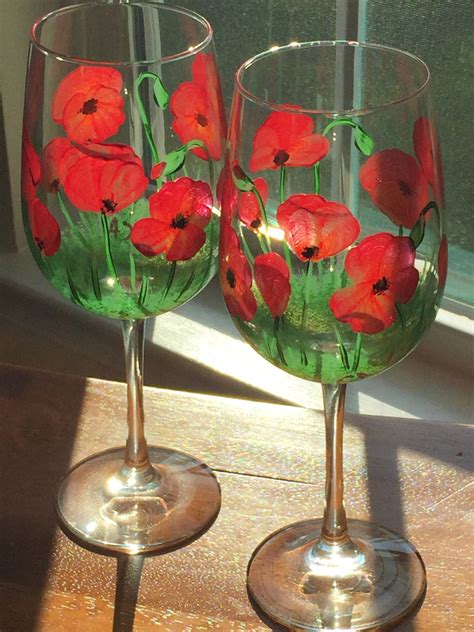 Hand Painted Wine Glasses Red Poppies Set Of 2