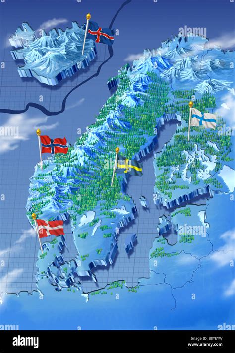 Bemalte Karte Mit Den Nordischen Ländern Schweden Norwegen Finnland