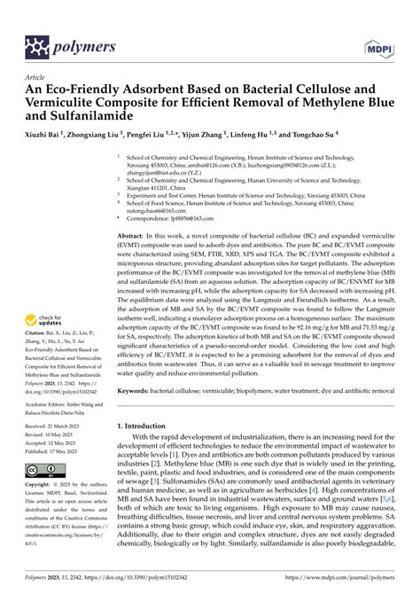 PDF An Eco Friendly Adsorbent Based On Bacterial Cellulose And Vermiculite Composite For