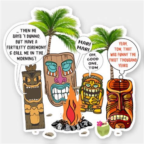 Funny Tropical Hawaiian Tiki Heads Campfire Joke Sticker