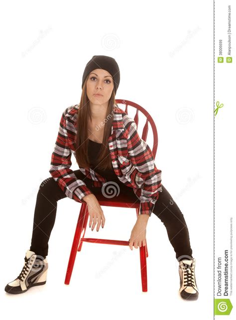 Woman In Beanie And Plaid Shirt Sit Lean Forward Stock