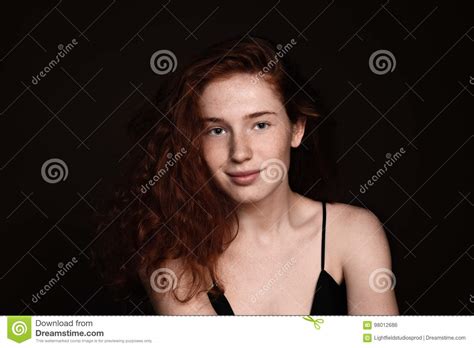 Beautiful Redhead Woman With Perfect Clean Skin Smiling At Camera Stock