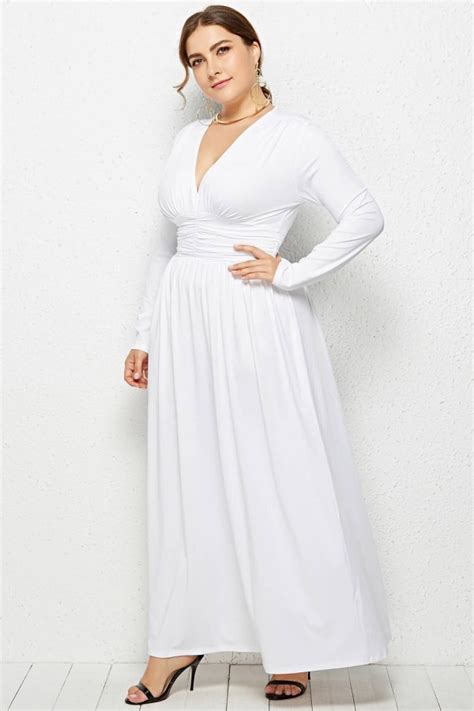 Elegant White Ruched V Neck Long Sleeve Maxi Dress For Plus Size Women