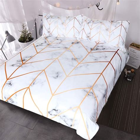 White Marble Bedding Geometric Rose Gold Stripes Lines