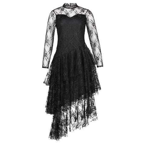 Women Gothic Lace Dress Black Mesh See Through Layer Ball Gown Dress
