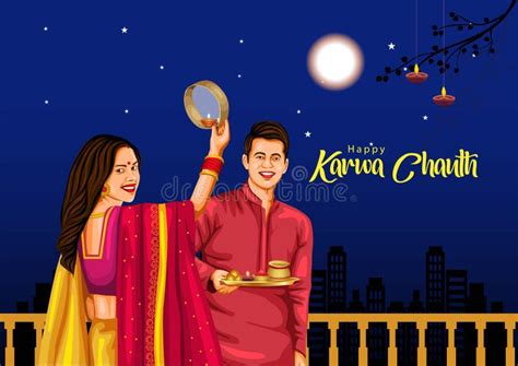 Illustration Of Indian Hindu Festival Happy Karva Chauth Background With Couple Doing Karwa