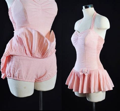 Vintage 50s Skirted Swimsuit 1950s Gingham Pink Cotton Playsuit Sun