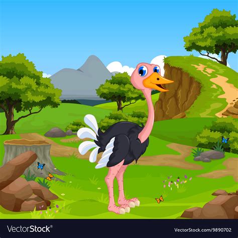 Funny Ostrich Cartoon With Mountain Cliff Vector Image