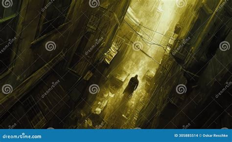 Bustling Cityscape Where a Lone Figure Navigates through Narrow Alleys