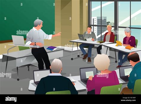 A Vector Illustration Of Adult In A College Classroom With Professor Teaching Stock Vector Image