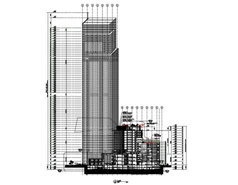 High Rise Corporate Tower Elevation With Section Cad Drawing Details