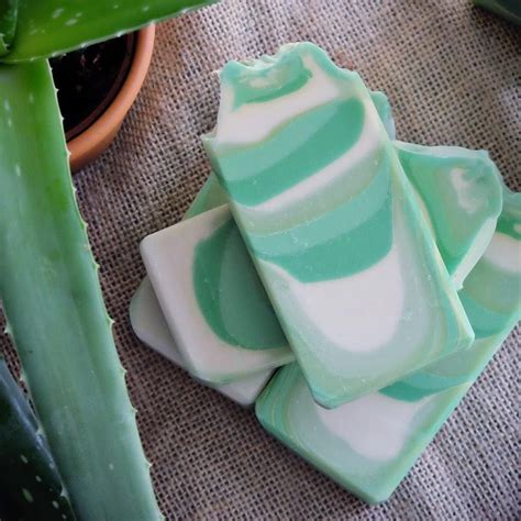 Three Soap Bars Sitting On Top Of Each Other Next To A Potted Aloei Plant
