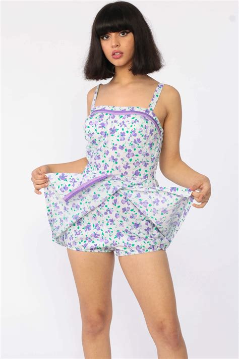 70s Romper Dress Hidden Shorts Sun Dress Floral Mini Dress Purple 1970s