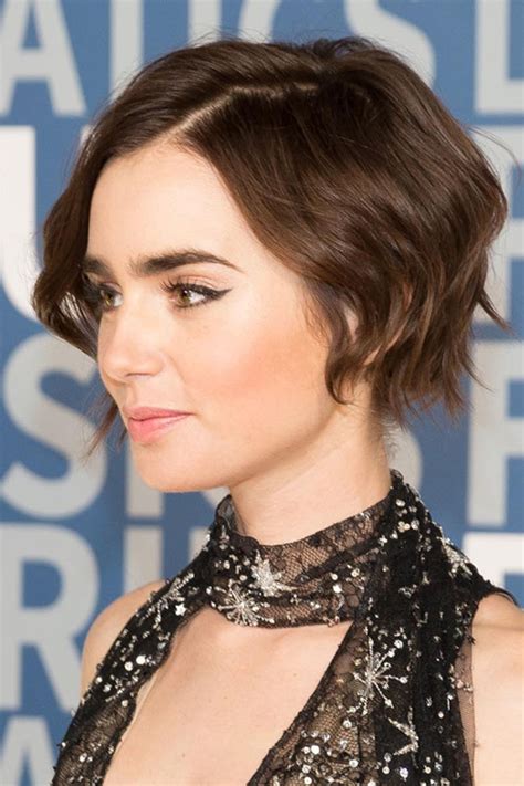 Lily Collins Wavy Medium Brown Bob Shaggy Bob Hairstyle Steal Her Style