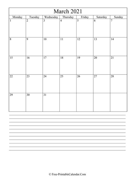 Please note that our 2021 calendar pages are for your personal use only, but you our printables are free for your personal use only. March 2021 Editable Calendar with Notes
