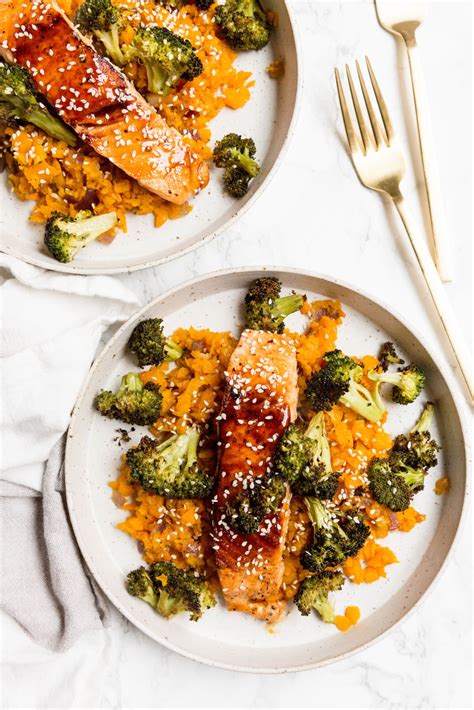 inspiralized teriyaki salmon with sesame butternut squash rice and broccoli