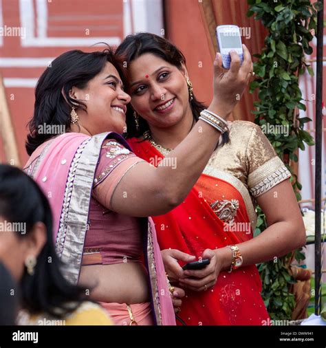 Jaipur Rajasthan India Two Indian Ladies Taking A Selfie At A