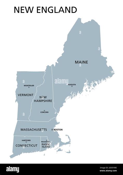 New England Region Of The United States Gray Political Map The Six