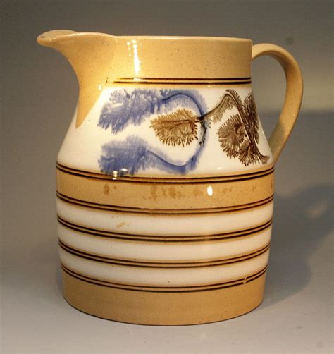 Antique Pair Of English Pottery Yellow Ware Mocha Pitchers Circa 1850