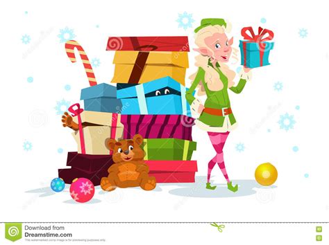 christmas elf girl cartoon character santa helper with present box stock vector illustration