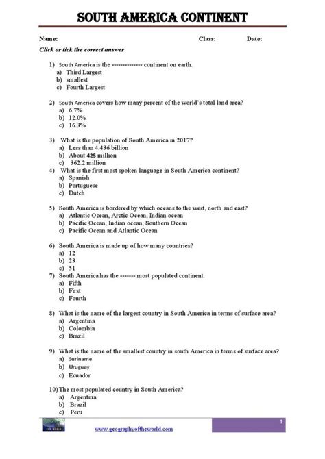South America Continent Printable Worksheet Pdf0001 Geography