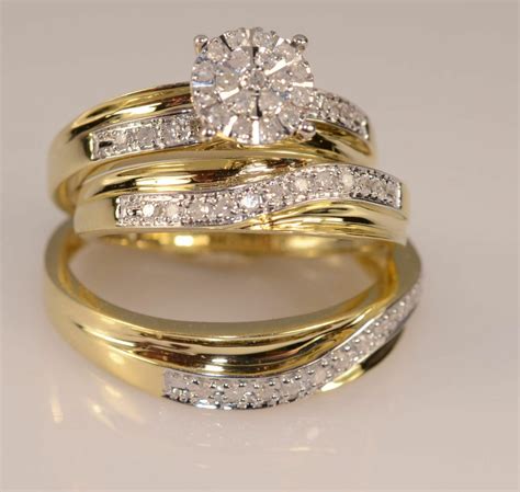 14k Yellow Gold Fn Trio Set His And Hers Diamond Engagement Bridal