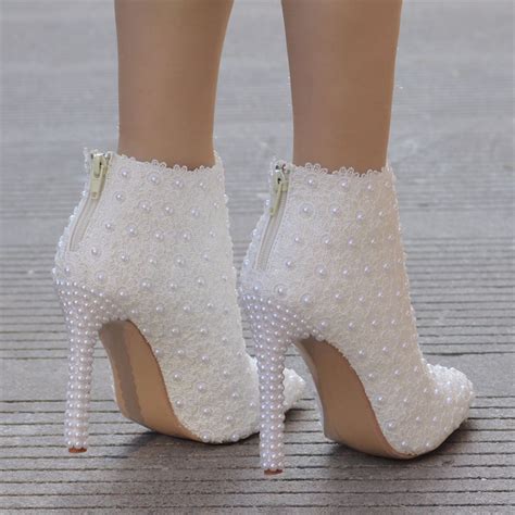 Pearls Decor White Ankle Boots Wedding Shoes On Luulla