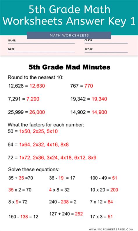 5th Grade Math Worksheets Answer Key 1 Worksheets Free